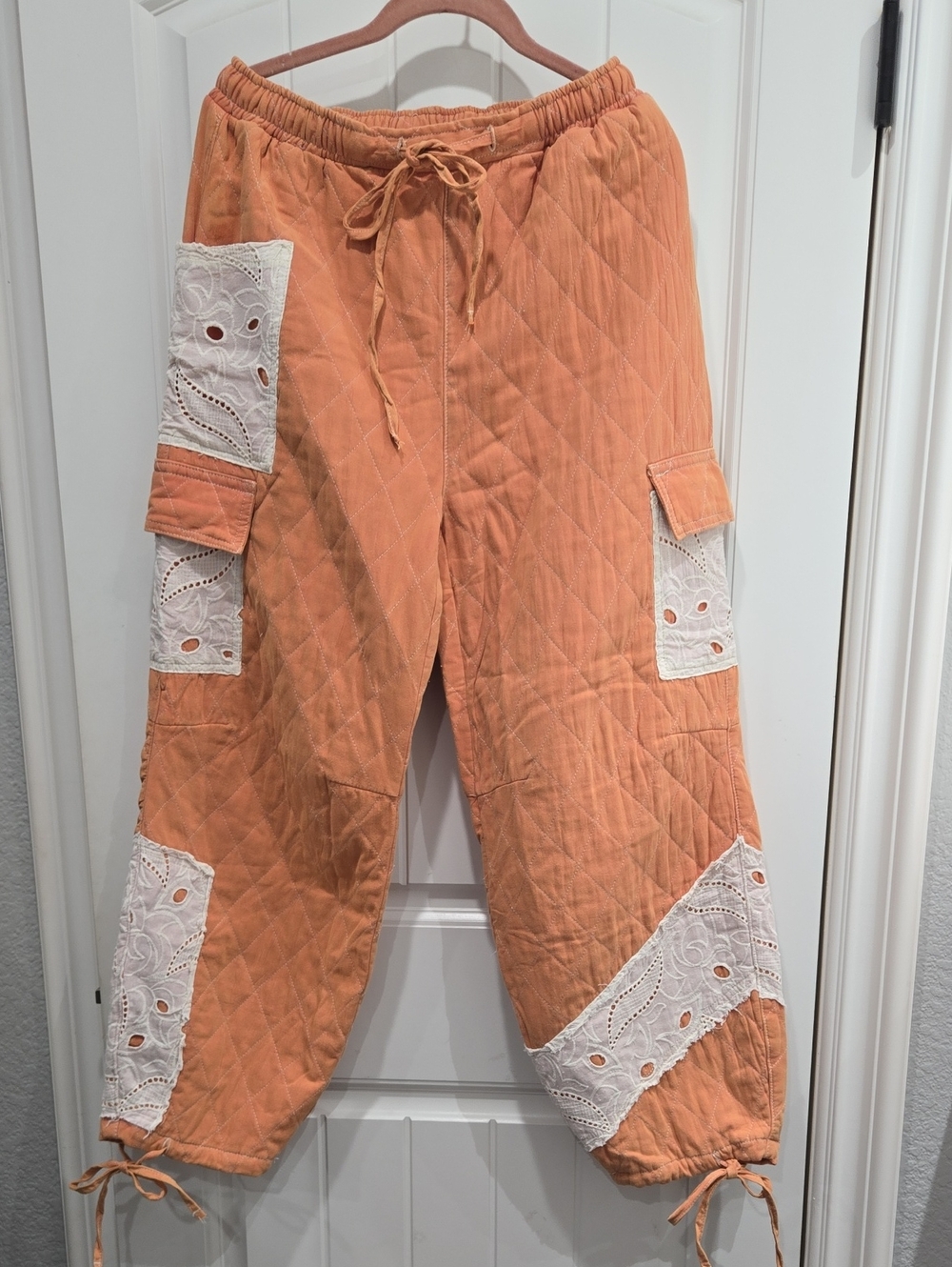 POL Quilted Peach Track Pants with White Eyelet Patches